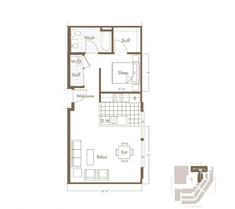Floor plan for 1 bed, 1 bath, 666 sqft